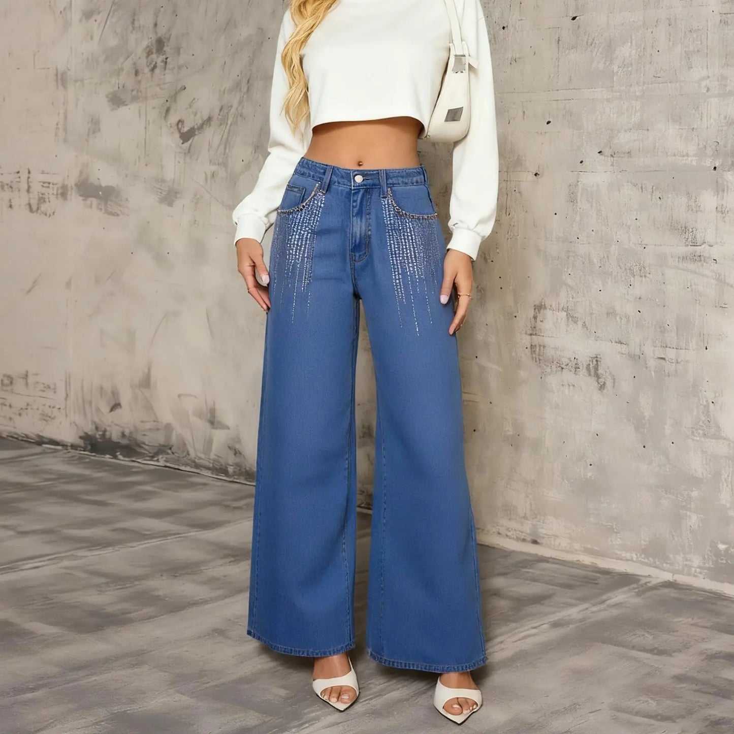 Flvsun Women'S High Waisted Washed Denim Pants - Lady Clothes, Loose Wide Leg, Rhinestone Bedazzled 2000S Streetwear Jeans, Casual Vintage Cold Wash Bottoms