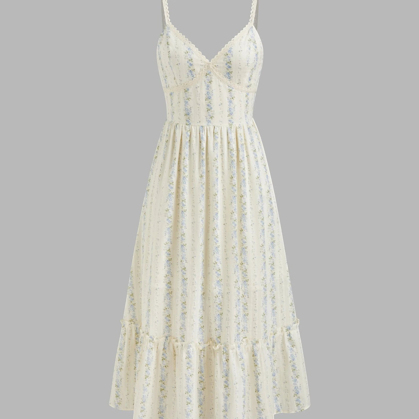 Rosavina MAYA langes Sommerkleid mit Blumenmuster, V-Ausschnitt und Spaghettiträgern, cremefarben mit blauen Streifen
