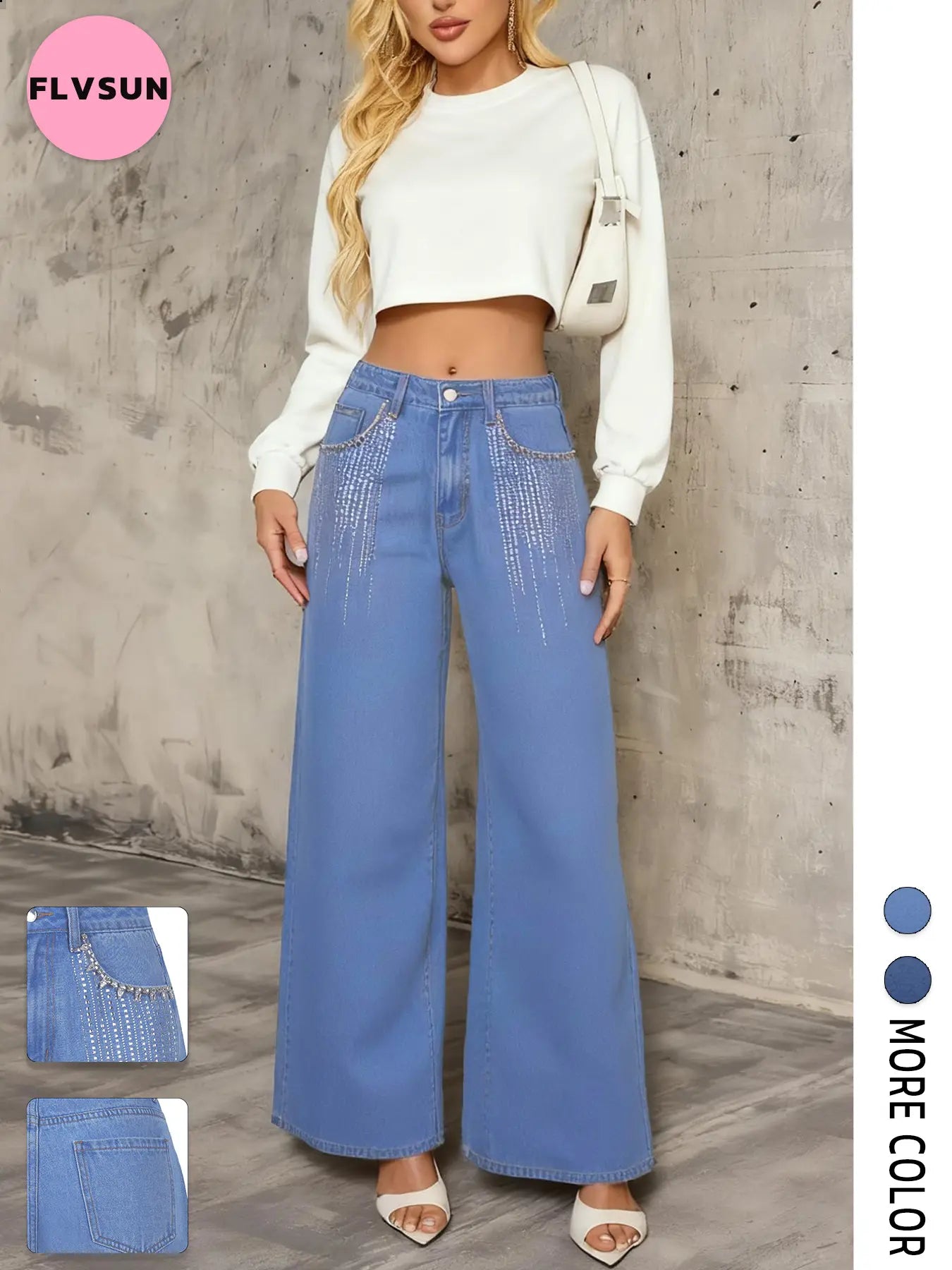 Flvsun Women'S High Waisted Washed Denim Pants - Lady Clothes, Loose Wide Leg, Rhinestone Bedazzled 2000S Streetwear Jeans, Casual Vintage Cold Wash Bottoms