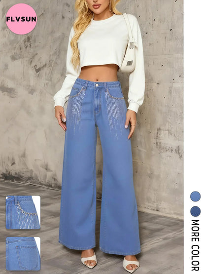 Flvsun Women'S High Waisted Washed Denim Pants - Lady Clothes, Loose Wide Leg, Rhinestone Bedazzled 2000S Streetwear Jeans, Casual Vintage Cold Wash Bottoms