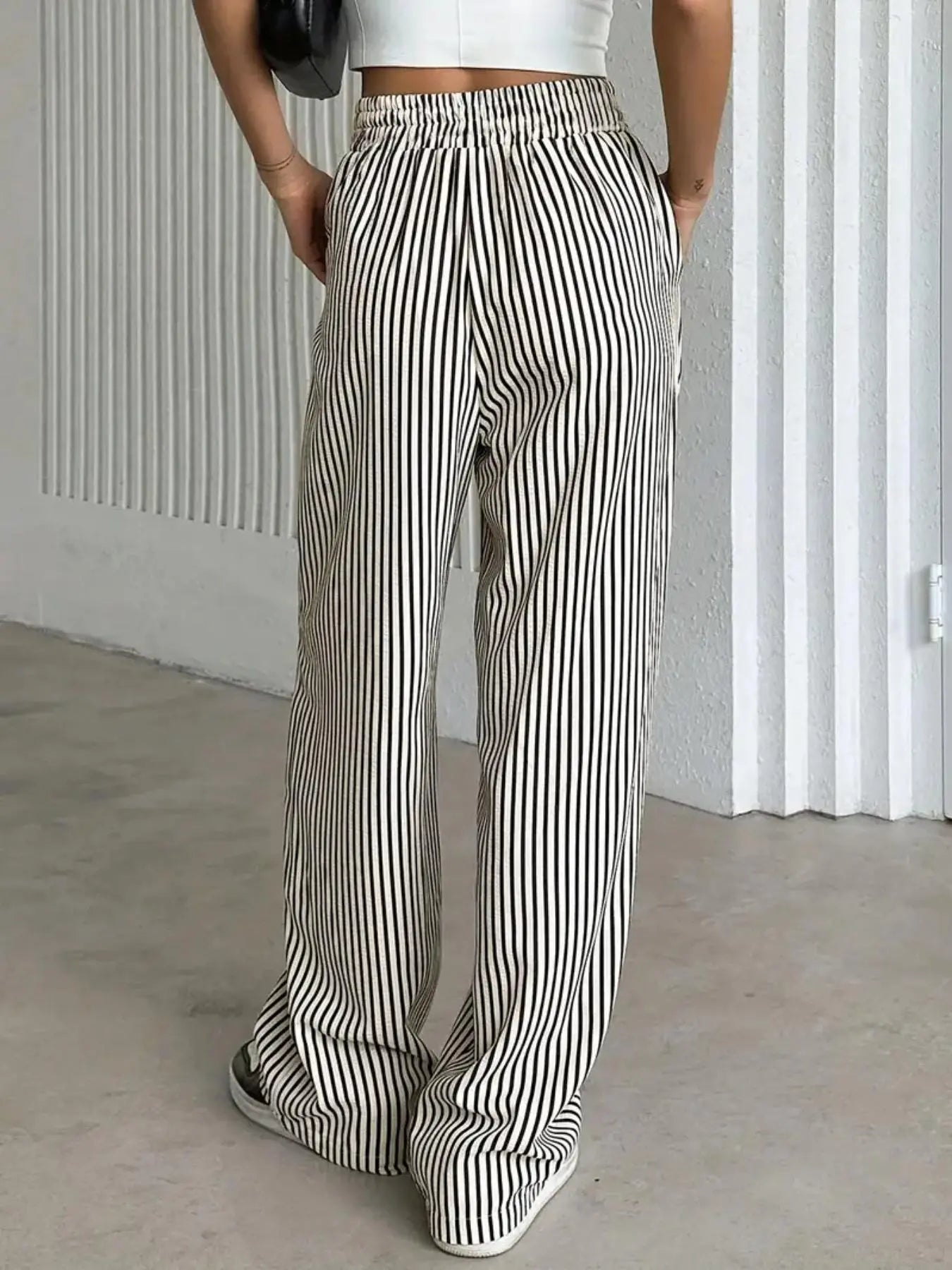 Women'S Striped Print Drawstring Waist Wide-Leg Pants, Womenswear Casual Pocket Woven Fabric Trousers for Summer, Women'S Bottoms for Daily Wear