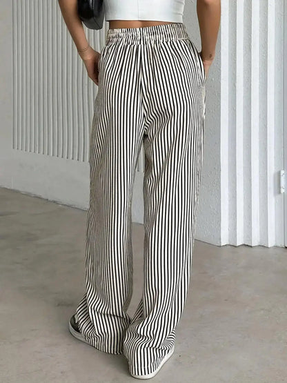 Women'S Striped Print Drawstring Waist Wide-Leg Pants, Womenswear Casual Pocket Woven Fabric Trousers for Summer, Women'S Bottoms for Daily Wear
