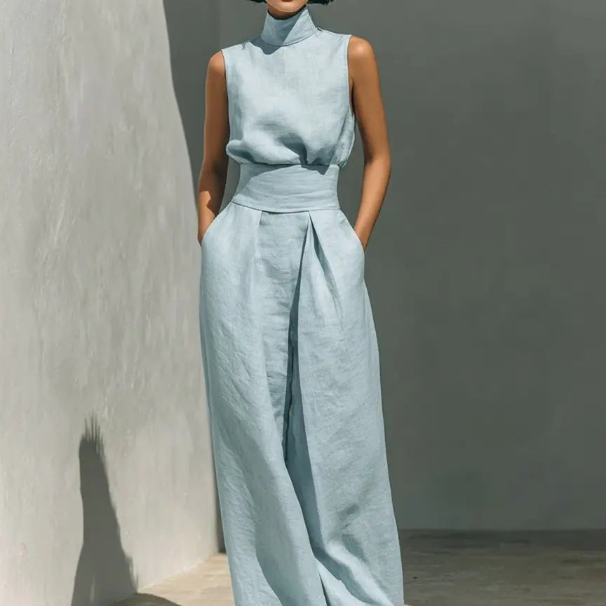 2-Piece Elegant Set Chic Mock Neck Halter Top & High-Waisted Wide-Leg Pants, Minimal High Neck Sleeveless Top, Retro Boho Ruffle Sleeveless Top and Pants Set, Solid Color Casual Suit, Trendy Old Money Aesthetic Outfit for Summer Vacation & Office