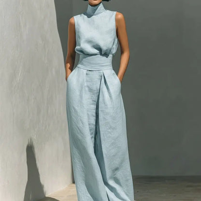 2-Piece Elegant Set Chic Mock Neck Halter Top & High-Waisted Wide-Leg Pants, Minimal High Neck Sleeveless Top, Retro Boho Ruffle Sleeveless Top and Pants Set, Solid Color Casual Suit, Trendy Old Money Aesthetic Outfit for Summer Vacation & Office