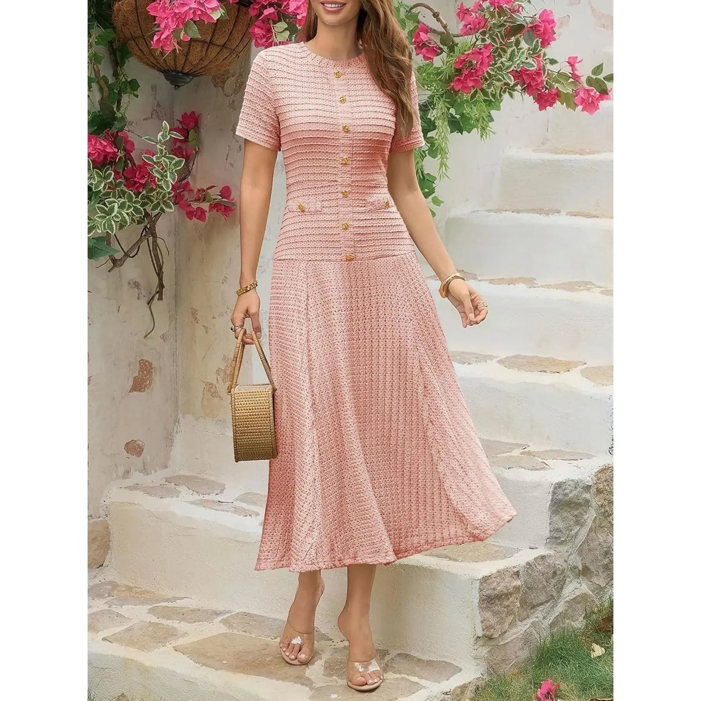 Wenrine Womens Midi Dress Summer Casual Short Sleeve Crewneck Button Decor. Textured Slim Fit a Line Dresses