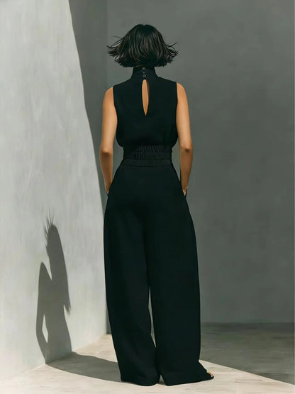 2-Piece Elegant Set Chic Mock Neck Halter Top & High-Waisted Wide-Leg Pants, Minimal High Neck Sleeveless Top, Retro Boho Ruffle Sleeveless Top and Pants Set, Solid Color Casual Suit, Trendy Old Money Aesthetic Outfit for Summer Vacation & Office