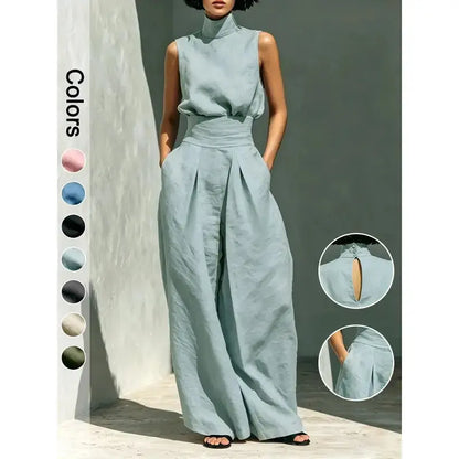 2-Piece Elegant Set Chic Mock Neck Halter Top & High-Waisted Wide-Leg Pants, Minimal High Neck Sleeveless Top, Retro Boho Ruffle Sleeveless Top and Pants Set, Solid Color Casual Suit, Trendy Old Money Aesthetic Outfit for Summer Vacation & Office