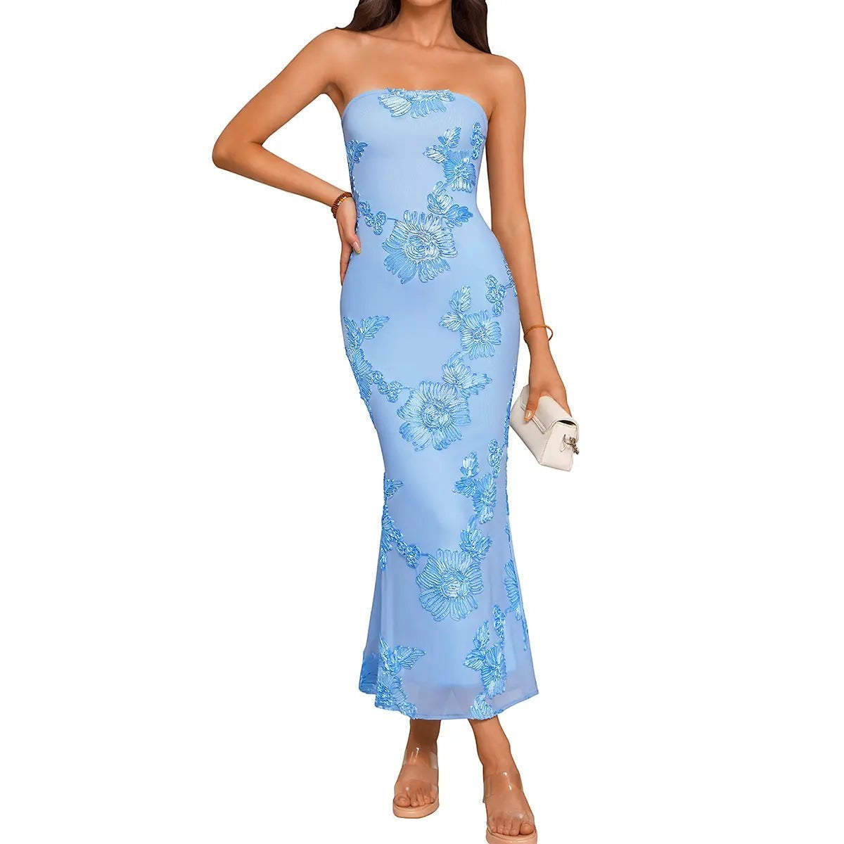 OYS Women'S Summer Elegant Strapless Floral Bodycon Mesh Tube a Line Wedding Guest Cocktail Party Formal Dresses