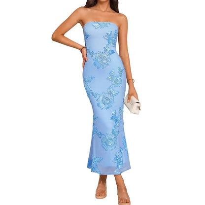 OYS Women'S Summer Elegant Strapless Floral Bodycon Mesh Tube a Line Wedding Guest Cocktail Party Formal Dresses
