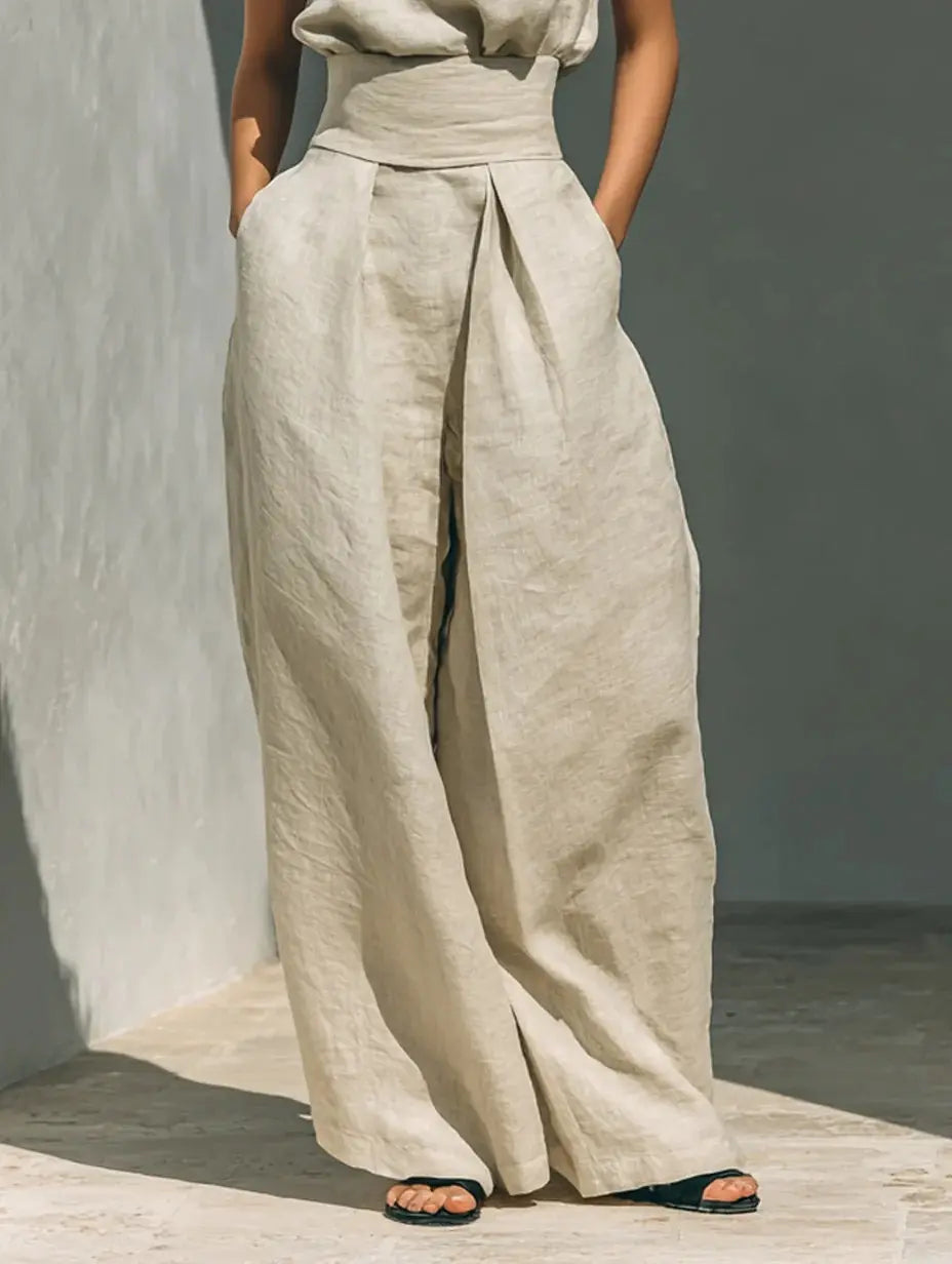 2-Piece Elegant Set Chic Mock Neck Halter Top & High-Waisted Wide-Leg Pants, Minimal High Neck Sleeveless Top, Retro Boho Ruffle Sleeveless Top and Pants Set, Solid Color Casual Suit, Trendy Old Money Aesthetic Outfit for Summer Vacation & Office