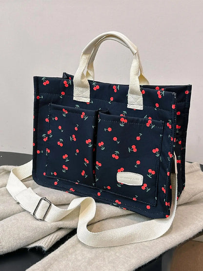 Summer Everything Tote Bag for Women, Plain/Cherry Pattern Work Bag, Everyday Shoulder Bag, Trendy Versatile Commuting Bag, Girl Large Beach Bags