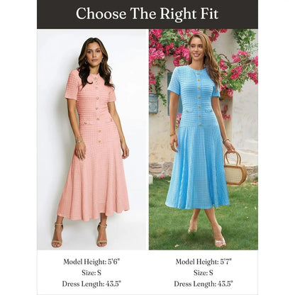 Wenrine Womens Midi Dress Summer Casual Short Sleeve Crewneck Button Decor. Textured Slim Fit a Line Dresses