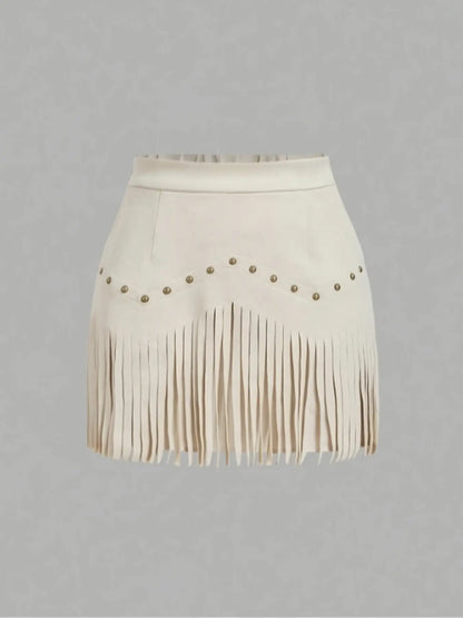 Women'S Vintage Hippie Rivet Fringe Faux Leather Short A-Line Skirt, Retro Style, Casual Wear, Perfect for All Seasons