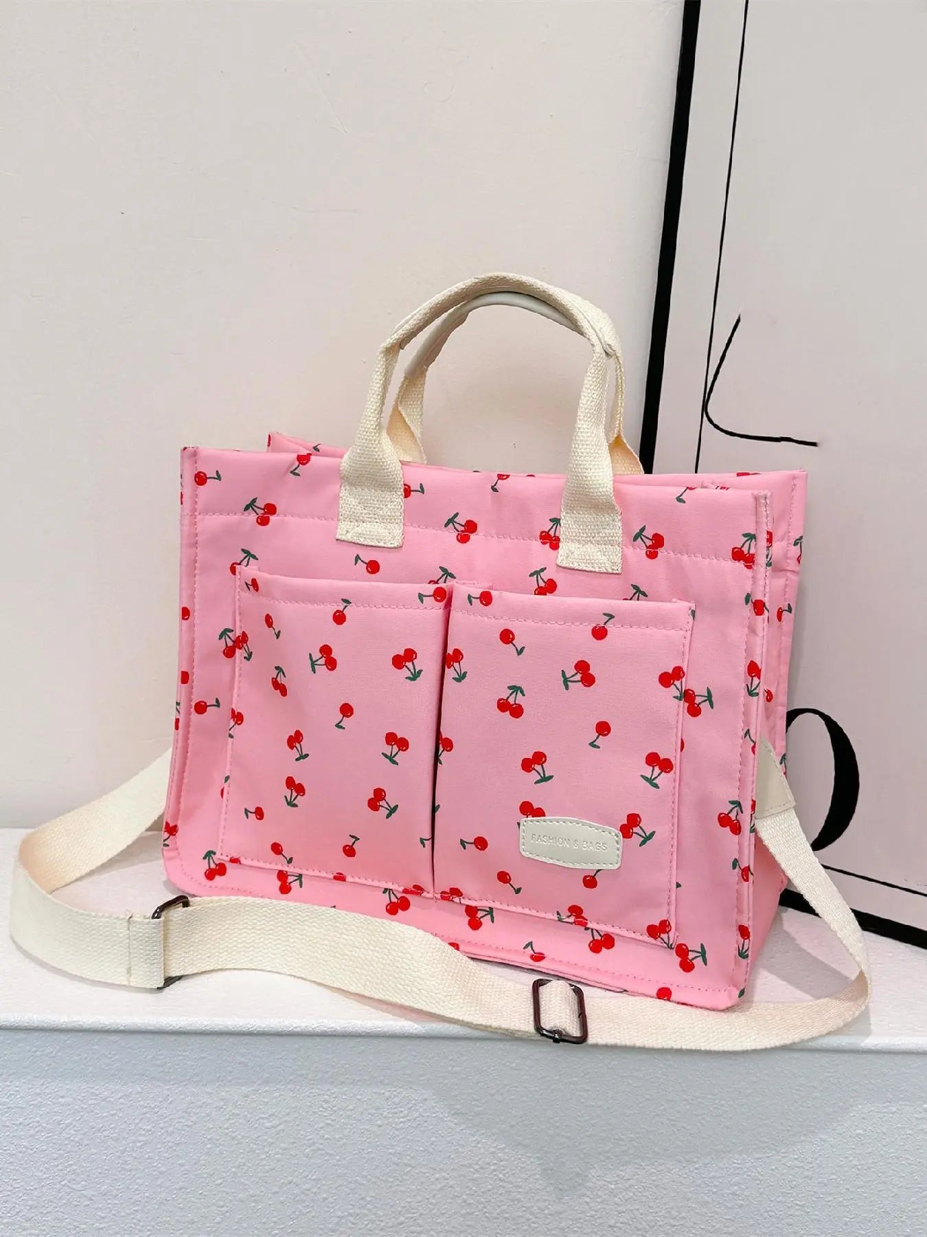 Summer Everything Tote Bag for Women, Plain/Cherry Pattern Work Bag, Everyday Shoulder Bag, Trendy Versatile Commuting Bag, Girl Large Beach Bags