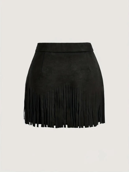 Women'S Vintage Hippie Rivet Fringe Faux Leather Short A-Line Skirt, Retro Style, Casual Wear, Perfect for All Seasons
