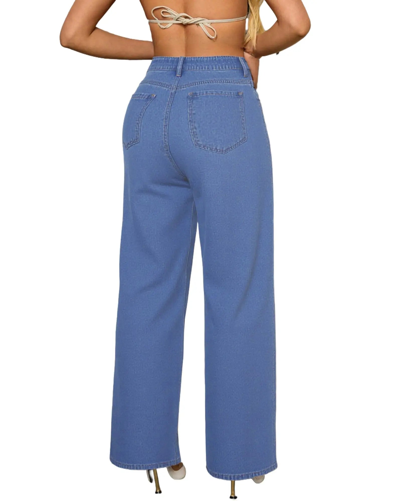 Flvsun Women'S High Waisted Washed Denim Pants - Lady Clothes, Loose Wide Leg, Rhinestone Bedazzled 2000S Streetwear Jeans, Casual Vintage Cold Wash Bottoms