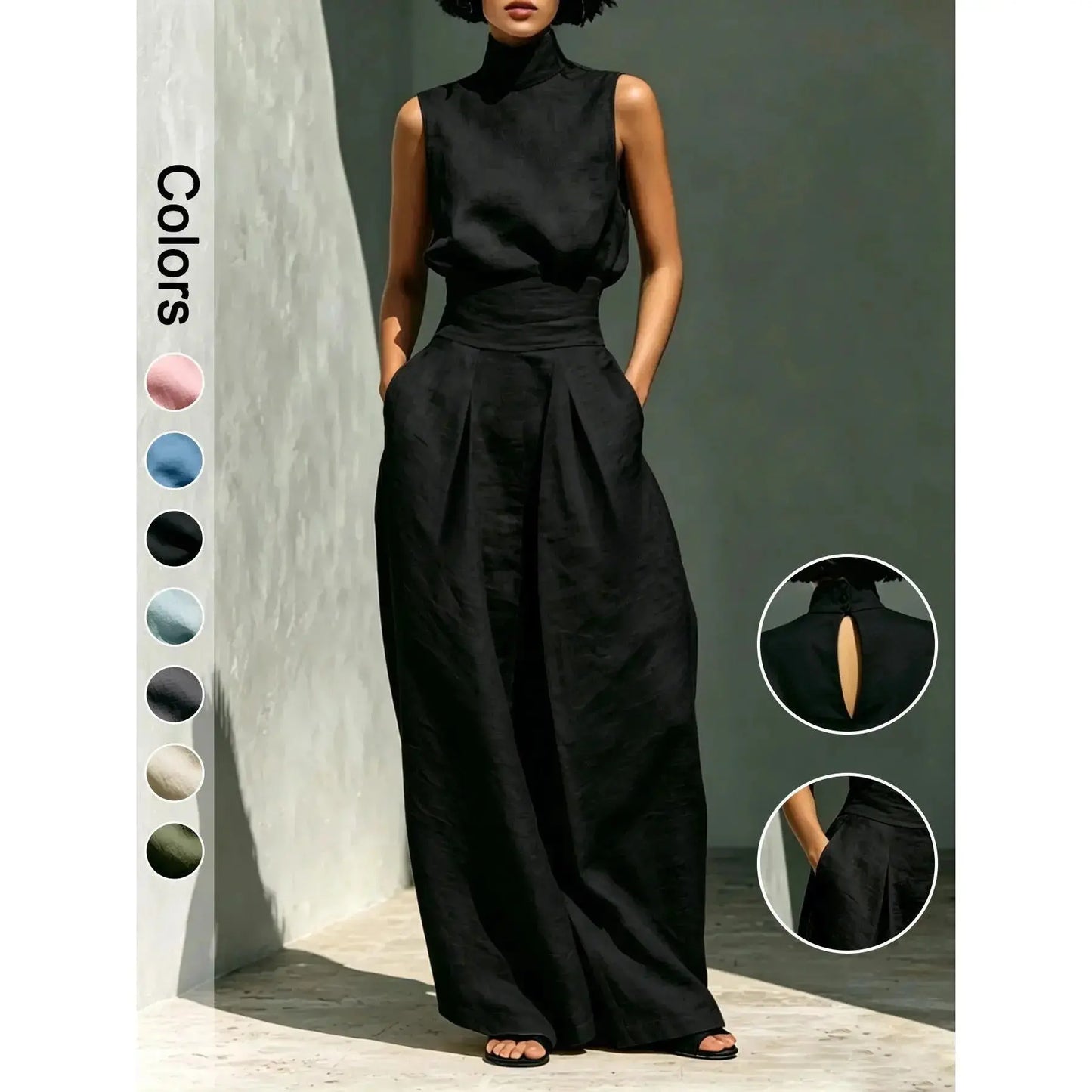 2-Piece Elegant Set Chic Mock Neck Halter Top & High-Waisted Wide-Leg Pants, Minimal High Neck Sleeveless Top, Retro Boho Ruffle Sleeveless Top and Pants Set, Solid Color Casual Suit, Trendy Old Money Aesthetic Outfit for Summer Vacation & Office