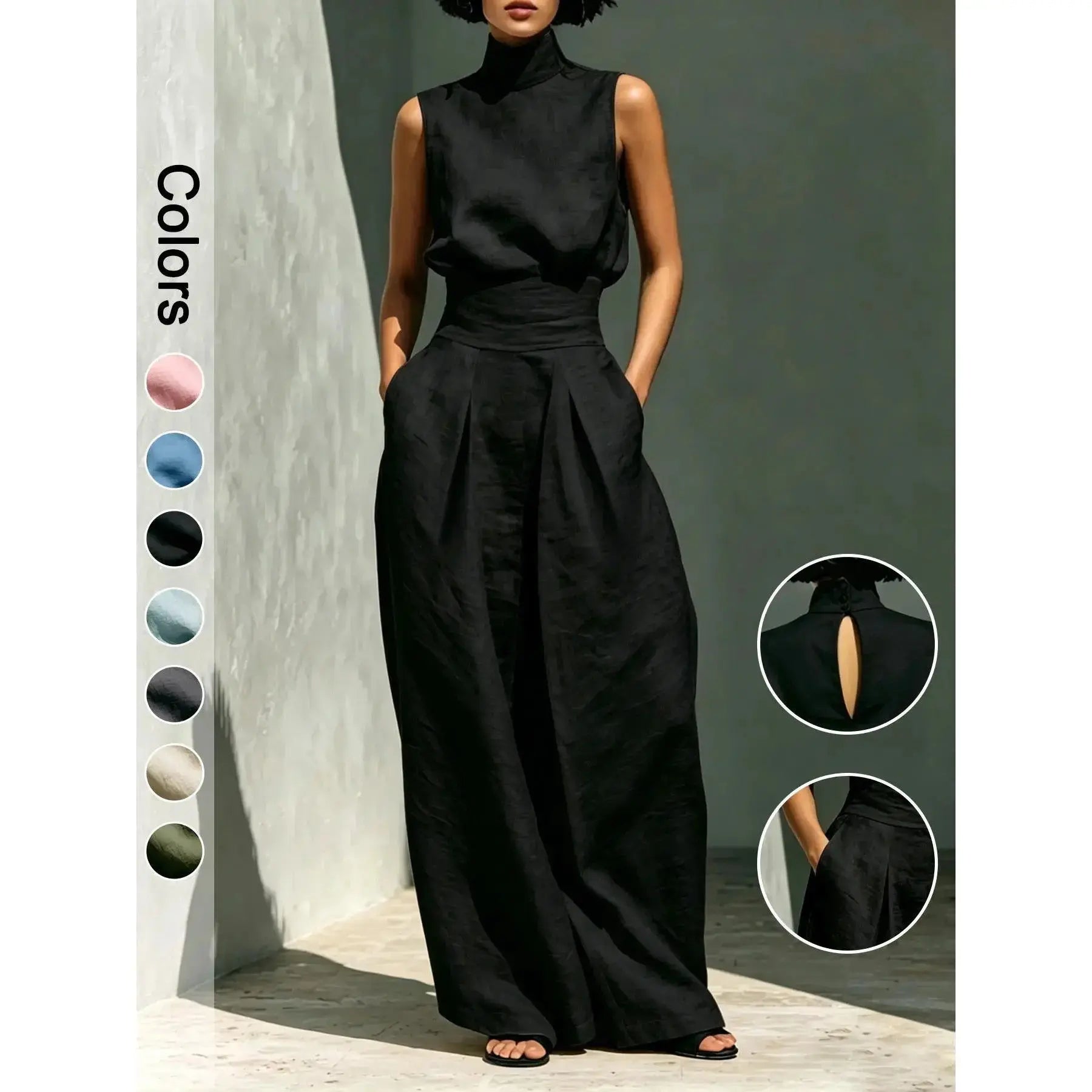 2-Piece Elegant Set Chic Mock Neck Halter Top & High-Waisted Wide-Leg Pants, Minimal High Neck Sleeveless Top, Retro Boho Ruffle Sleeveless Top and Pants Set, Solid Color Casual Suit, Trendy Old Money Aesthetic Outfit for Summer Vacation & Office