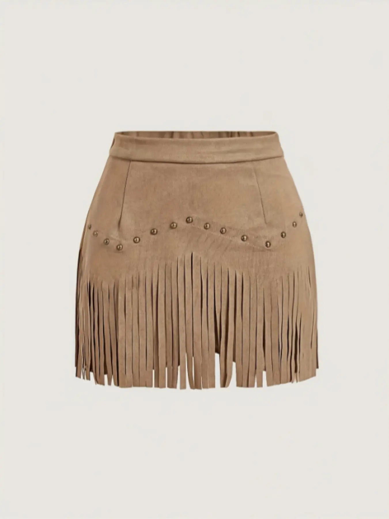 Women'S Vintage Hippie Rivet Fringe Faux Leather Short A-Line Skirt, Retro Style, Casual Wear, Perfect for All Seasons