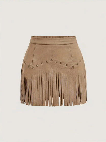 Women'S Vintage Hippie Rivet Fringe Faux Leather Short A-Line Skirt, Retro Style, Casual Wear, Perfect for All Seasons