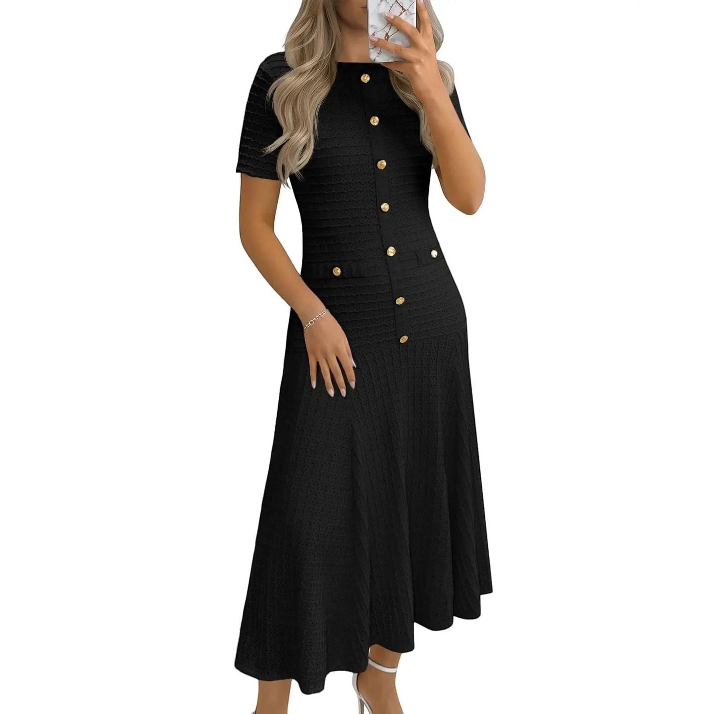 Wenrine Womens Midi Dress Summer Casual Short Sleeve Crewneck Button Decor. Textured Slim Fit a Line Dresses