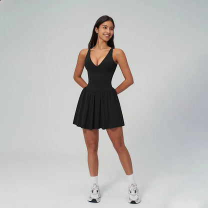 NVWA Women'S Summervibes Sexy V-Neck Strappy Sleeveless Athletic Cut Dress - Fitted Waist, Open-Back, Soft Stretch Nylon Fabric, Cooling Quick-Drying, Figure-Flattering for Casual Wear, Workouts, Dresses