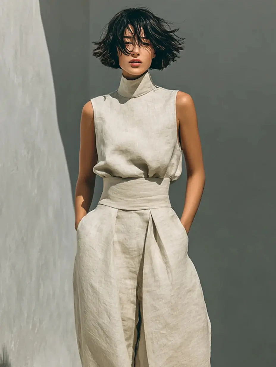 2-Piece Elegant Set Chic Mock Neck Halter Top & High-Waisted Wide-Leg Pants, Minimal High Neck Sleeveless Top, Retro Boho Ruffle Sleeveless Top and Pants Set, Solid Color Casual Suit, Trendy Old Money Aesthetic Outfit for Summer Vacation & Office
