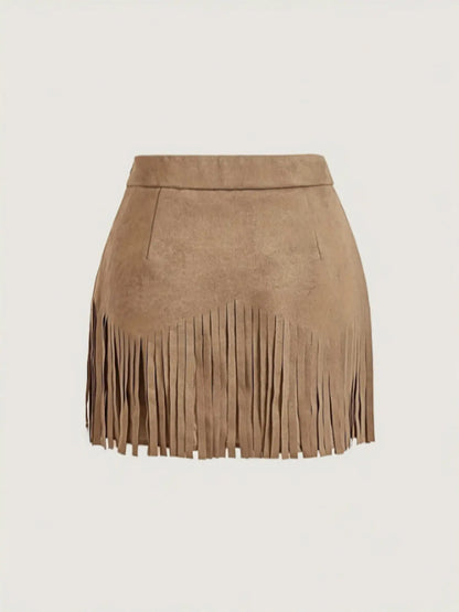 Women'S Vintage Hippie Rivet Fringe Faux Leather Short A-Line Skirt, Retro Style, Casual Wear, Perfect for All Seasons