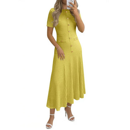 Wenrine Womens Midi Dress Summer Casual Short Sleeve Crewneck Button Decor. Textured Slim Fit a Line Dresses