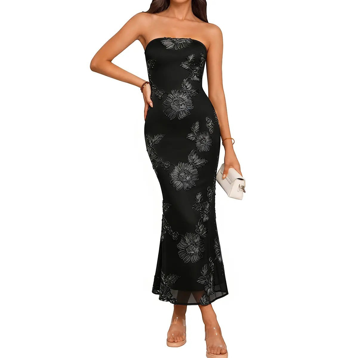 OYS Women'S Summer Elegant Strapless Floral Bodycon Mesh Tube a Line Wedding Guest Cocktail Party Formal Dresses