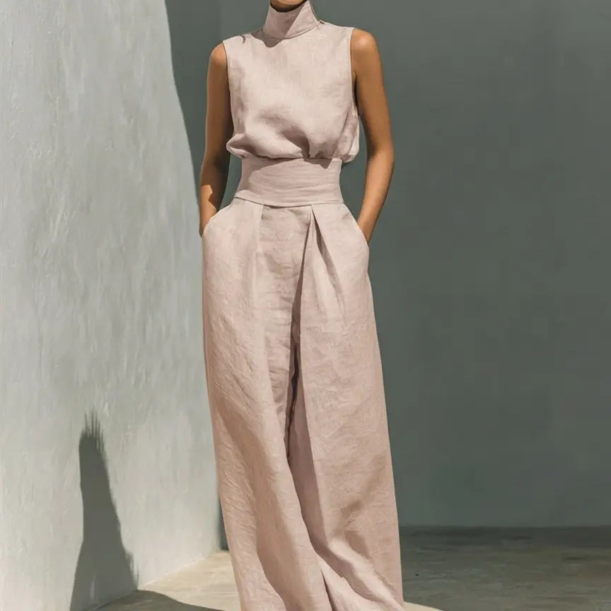 2-Piece Elegant Set Chic Mock Neck Halter Top & High-Waisted Wide-Leg Pants, Minimal High Neck Sleeveless Top, Retro Boho Ruffle Sleeveless Top and Pants Set, Solid Color Casual Suit, Trendy Old Money Aesthetic Outfit for Summer Vacation & Office