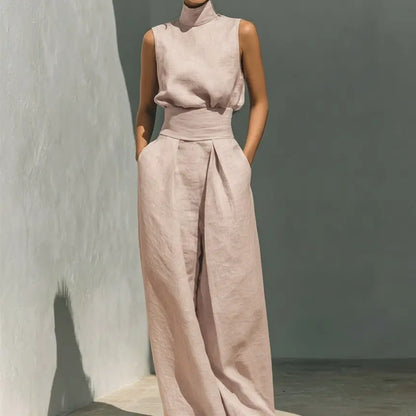 2-Piece Elegant Set Chic Mock Neck Halter Top & High-Waisted Wide-Leg Pants, Minimal High Neck Sleeveless Top, Retro Boho Ruffle Sleeveless Top and Pants Set, Solid Color Casual Suit, Trendy Old Money Aesthetic Outfit for Summer Vacation & Office