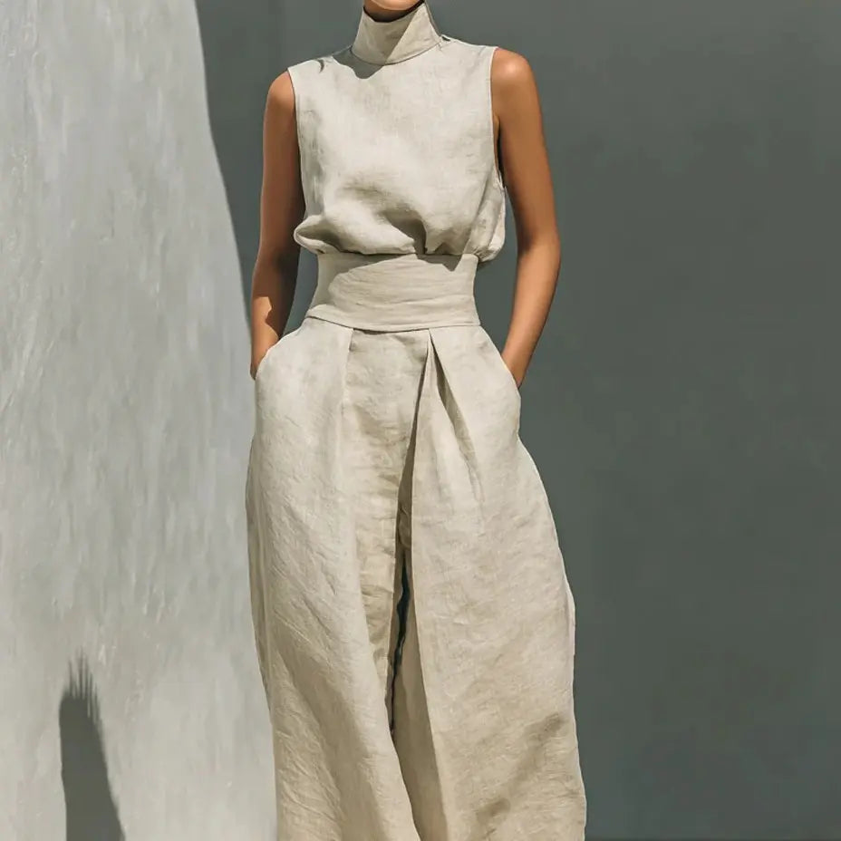 2-Piece Elegant Set Chic Mock Neck Halter Top & High-Waisted Wide-Leg Pants, Minimal High Neck Sleeveless Top, Retro Boho Ruffle Sleeveless Top and Pants Set, Solid Color Casual Suit, Trendy Old Money Aesthetic Outfit for Summer Vacation & Office