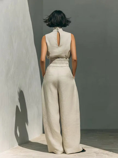 2-Piece Elegant Set Chic Mock Neck Halter Top & High-Waisted Wide-Leg Pants, Minimal High Neck Sleeveless Top, Retro Boho Ruffle Sleeveless Top and Pants Set, Solid Color Casual Suit, Trendy Old Money Aesthetic Outfit for Summer Vacation & Office