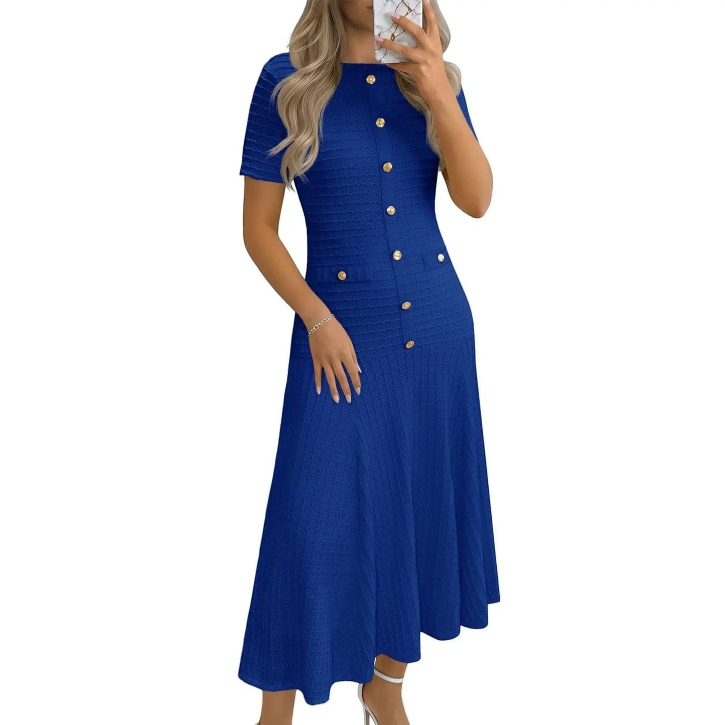 Wenrine Womens Midi Dress Summer Casual Short Sleeve Crewneck Button Decor. Textured Slim Fit a Line Dresses