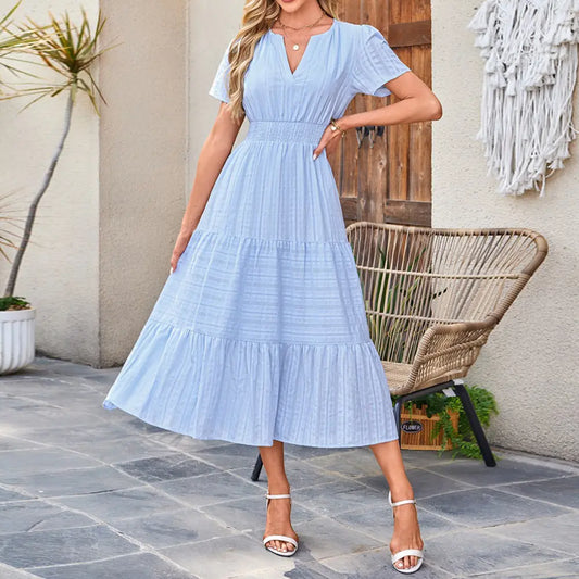 Women's 100% Cotton Short Sleeve V-Neck Maxi Dress with Smocked Waist and Tiered Flow Design for Casual Beach Vacations