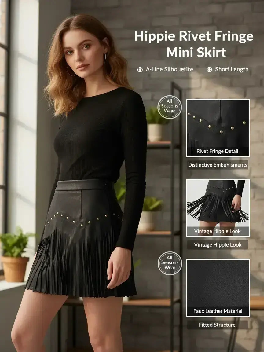 Women'S Vintage Hippie Rivet Fringe Faux Leather Short A-Line Skirt, Retro Style, Casual Wear, Perfect for All Seasons
