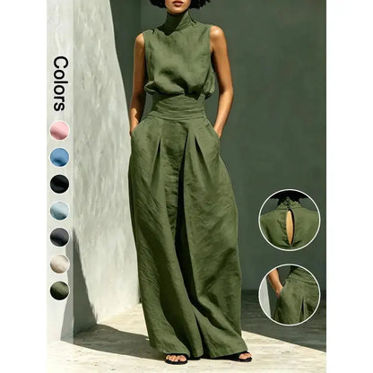 2-Piece Elegant Set Chic Mock Neck Halter Top & High-Waisted Wide-Leg Pants, Minimal High Neck Sleeveless Top, Retro Boho Ruffle Sleeveless Top and Pants Set, Solid Color Casual Suit, Trendy Old Money Aesthetic Outfit for Summer Vacation & Office