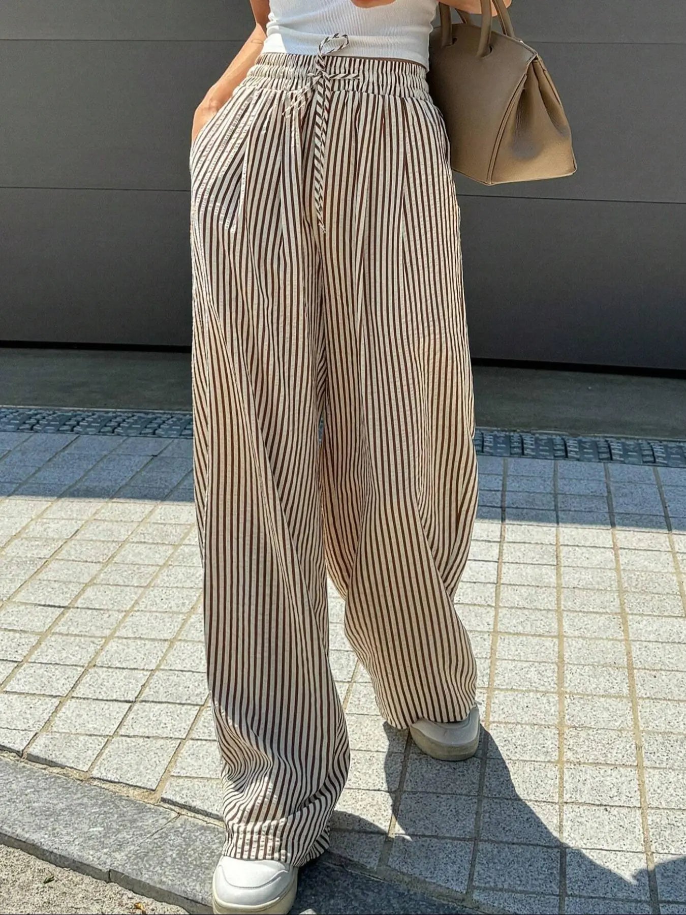 Women'S Striped Print Drawstring Waist Wide-Leg Pants, Womenswear Casual Pocket Woven Fabric Trousers for Summer, Women'S Bottoms for Daily Wear
