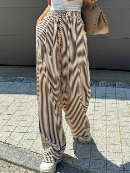 Women'S Striped Print Drawstring Waist Wide-Leg Pants, Womenswear Casual Pocket Woven Fabric Trousers for Summer, Women'S Bottoms for Daily Wear