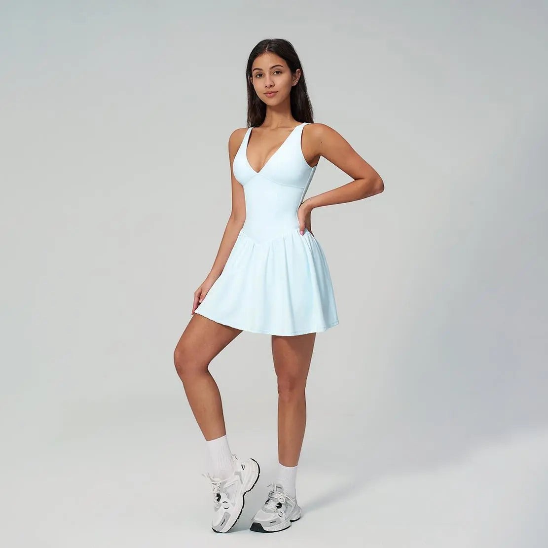 NVWA Women'S Summervibes Sexy V-Neck Strappy Sleeveless Athletic Cut Dress - Fitted Waist, Open-Back, Soft Stretch Nylon Fabric, Cooling Quick-Drying, Figure-Flattering for Casual Wear, Workouts, Dresses