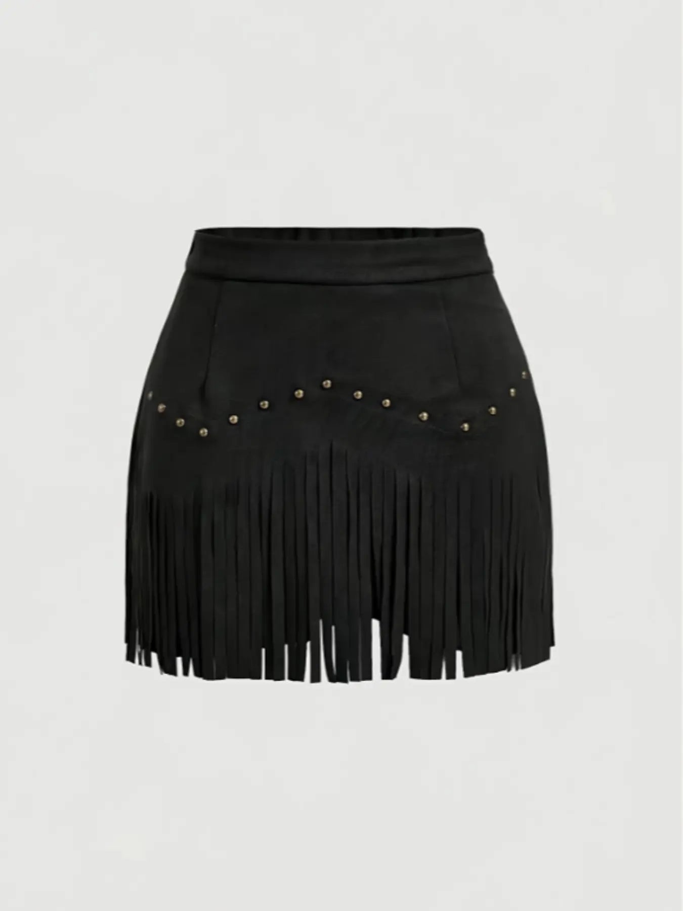 Women'S Vintage Hippie Rivet Fringe Faux Leather Short A-Line Skirt, Retro Style, Casual Wear, Perfect for All Seasons