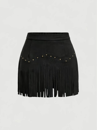 Women'S Vintage Hippie Rivet Fringe Faux Leather Short A-Line Skirt, Retro Style, Casual Wear, Perfect for All Seasons