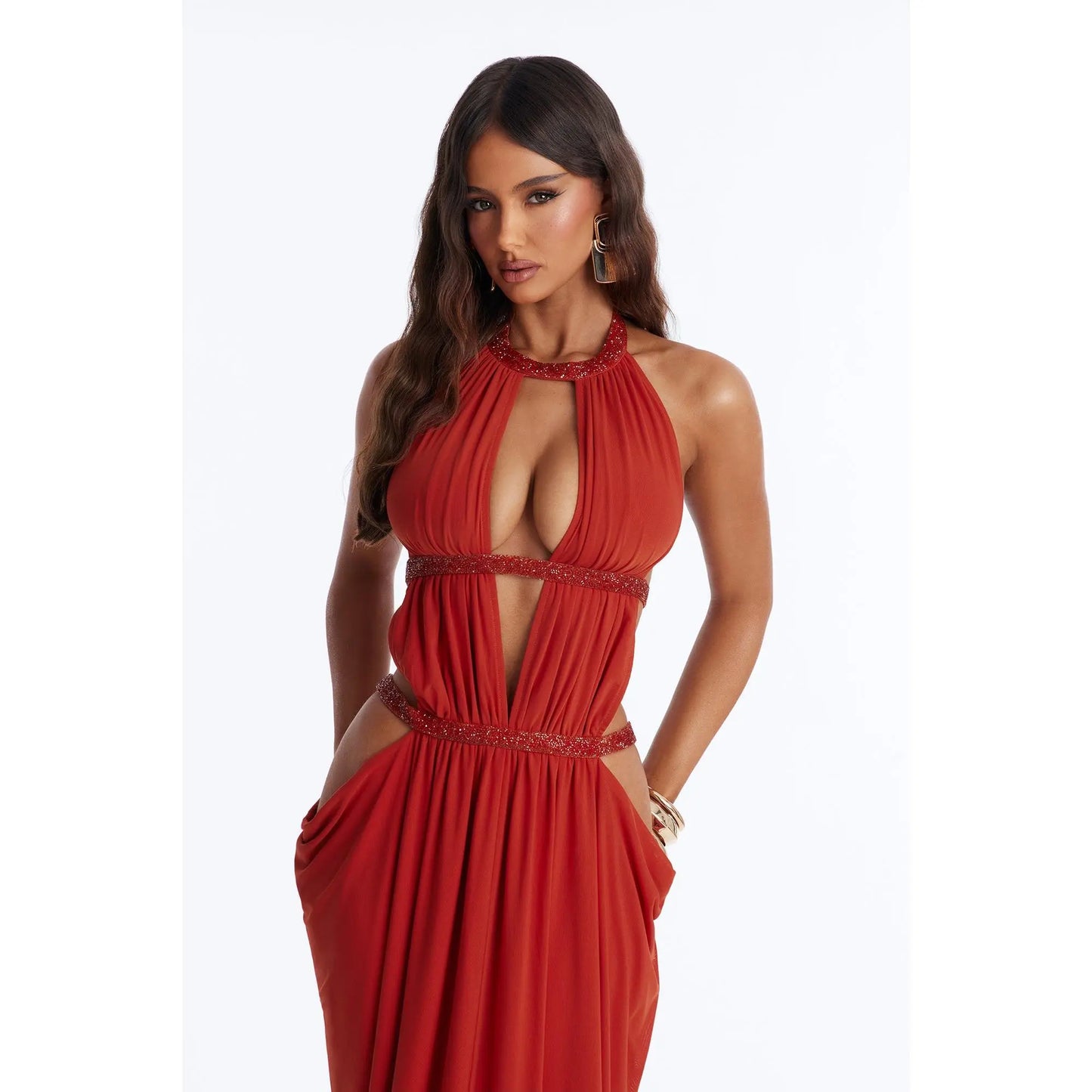 Can'T Get Enough Cut Out Embellished Maxi Dress - Orange