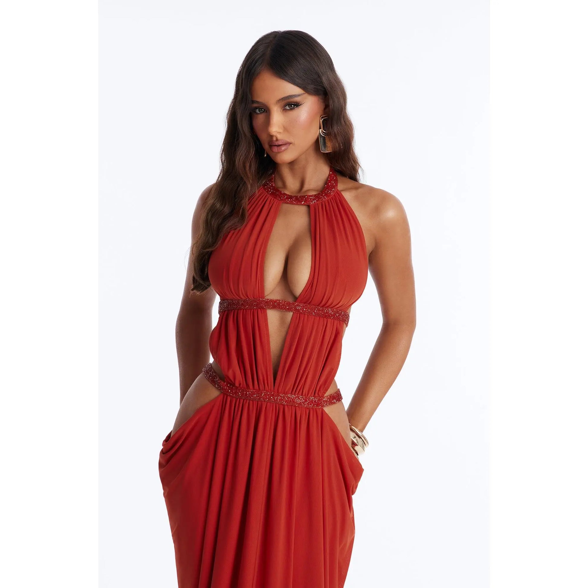 Can'T Get Enough Cut Out Embellished Maxi Dress - Orange
