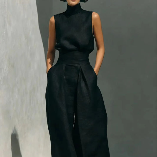 2-Piece Elegant Set Chic Mock Neck Halter Top & High-Waisted Wide-Leg Pants, Minimal High Neck Sleeveless Top, Retro Boho Ruffle Sleeveless Top and Pants Set, Solid Color Casual Suit, Trendy Old Money Aesthetic Outfit for Summer Vacation & Office