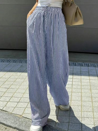 Women'S Striped Print Drawstring Waist Wide-Leg Pants, Womenswear Casual Pocket Woven Fabric Trousers for Summer, Women'S Bottoms for Daily Wear