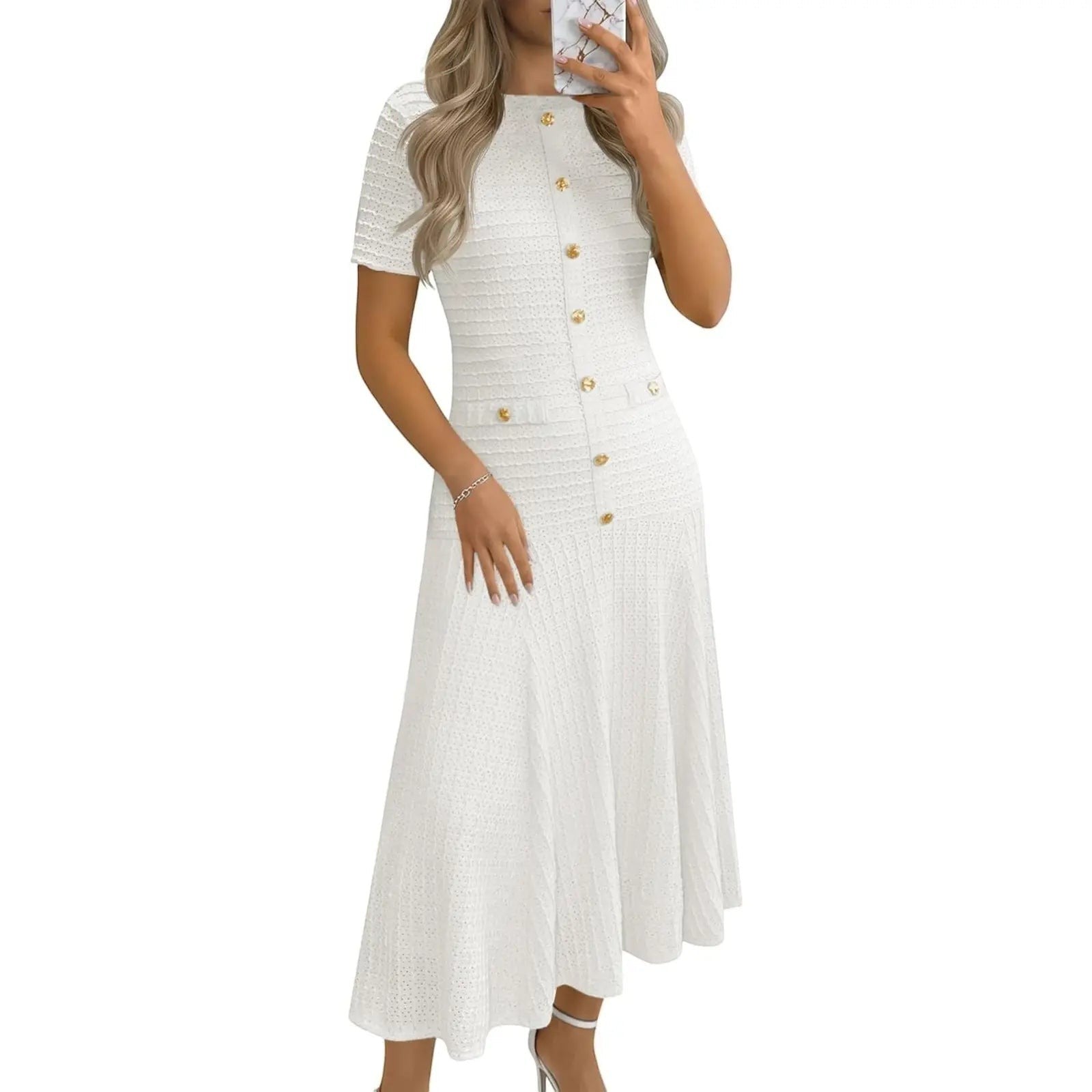 Wenrine Womens Midi Dress Summer Casual Short Sleeve Crewneck Button Decor. Textured Slim Fit a Line Dresses