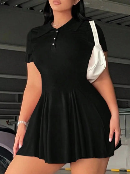 Plus-Size Casual Active Style Polo Collar Short Sleeve Flared Dress, Sporty Chic Dress, Athletic Tennis Dress, Stretchy Fabric & Button Front Detail, Perfect for Tennis, Golf & Daily Wear, Tennis Sports Dress