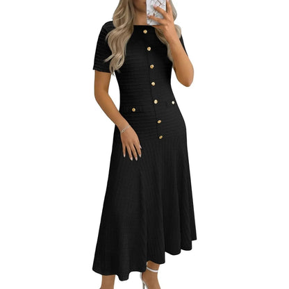 Wenrine Womens Midi Dress Summer Casual Short Sleeve Crewneck Button Decor. Textured Slim Fit a Line Dresses